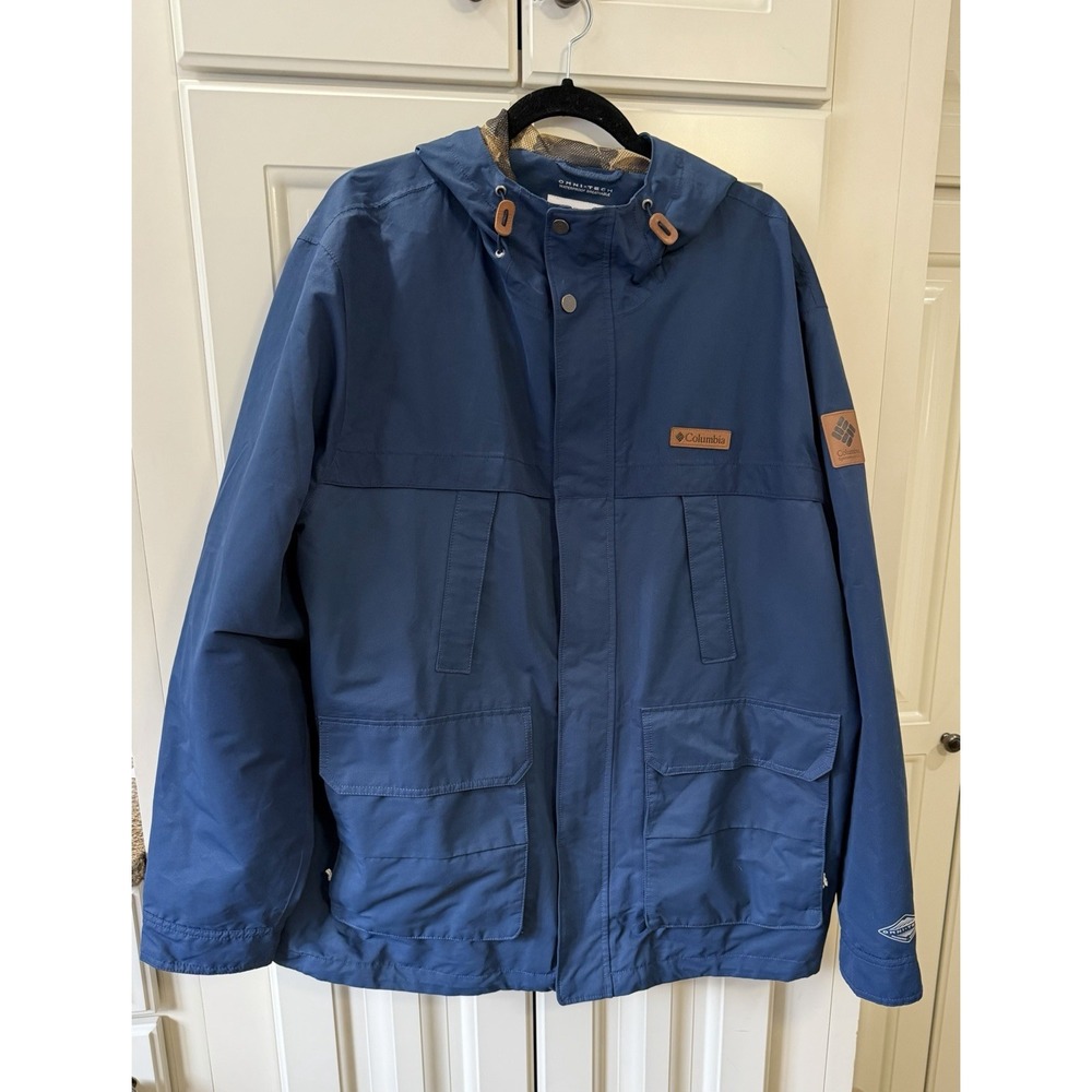 Columbia Omni-Tech Blue Hooded‎ Rain Jacket XXL Waterproof Outdoor Coat